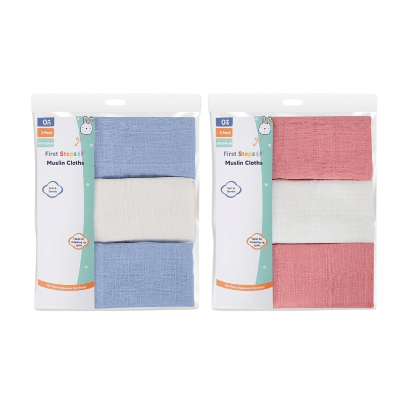 First Steps 3 Pack Baby Muslin Cloths 60 x 60cm