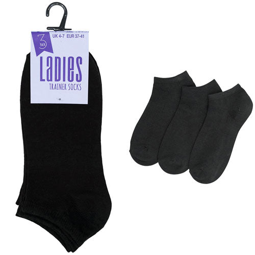 Ladies Trainer Socks Plain Black - Case of 6